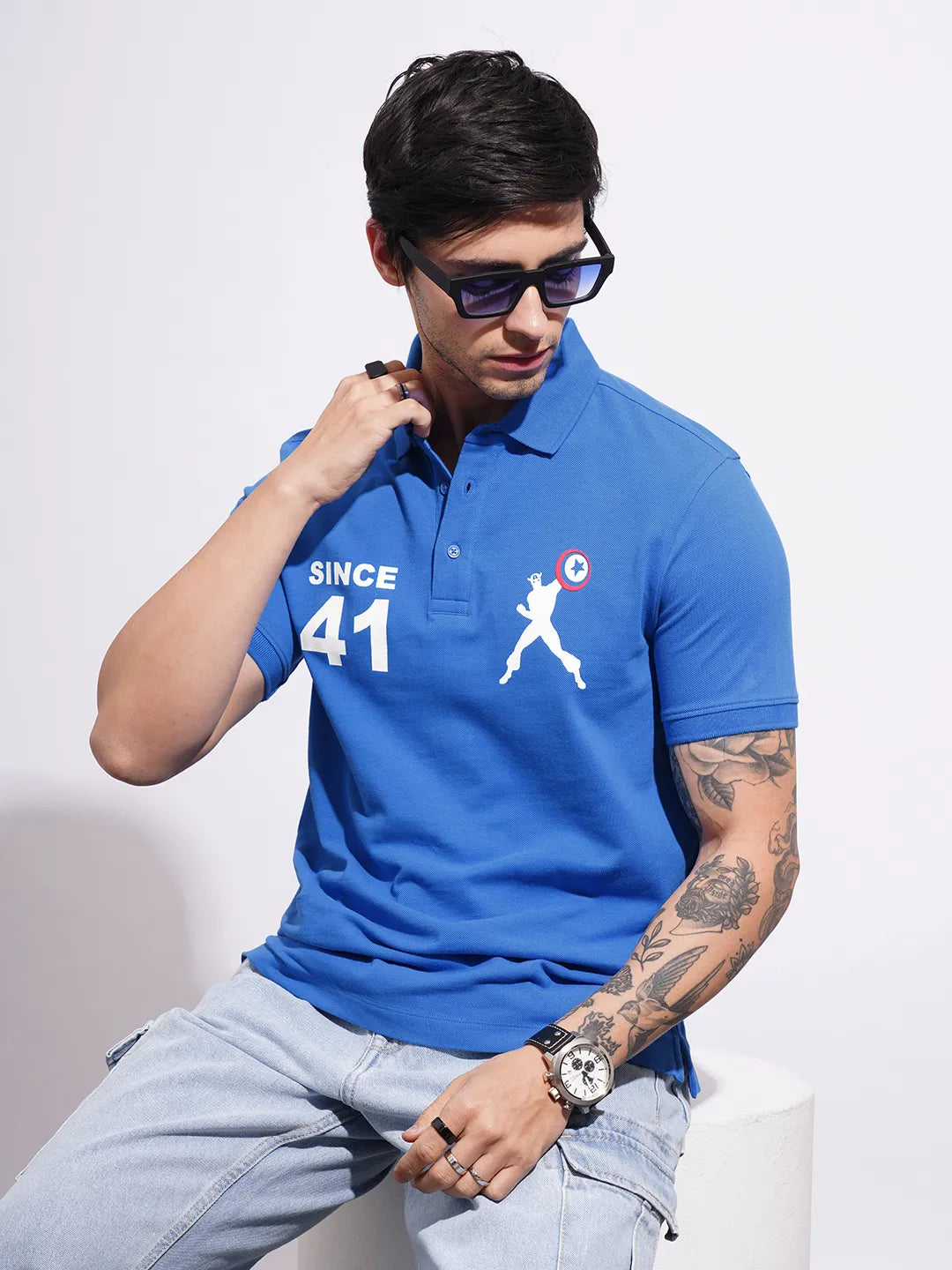 Being Human Clothing Men's Blue Captain America Polo T-shirt