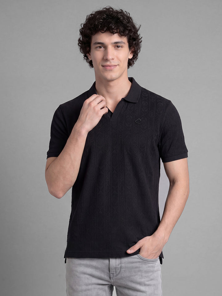 Black Textured Half Sleeve Polo Neck Men's T-Shirt