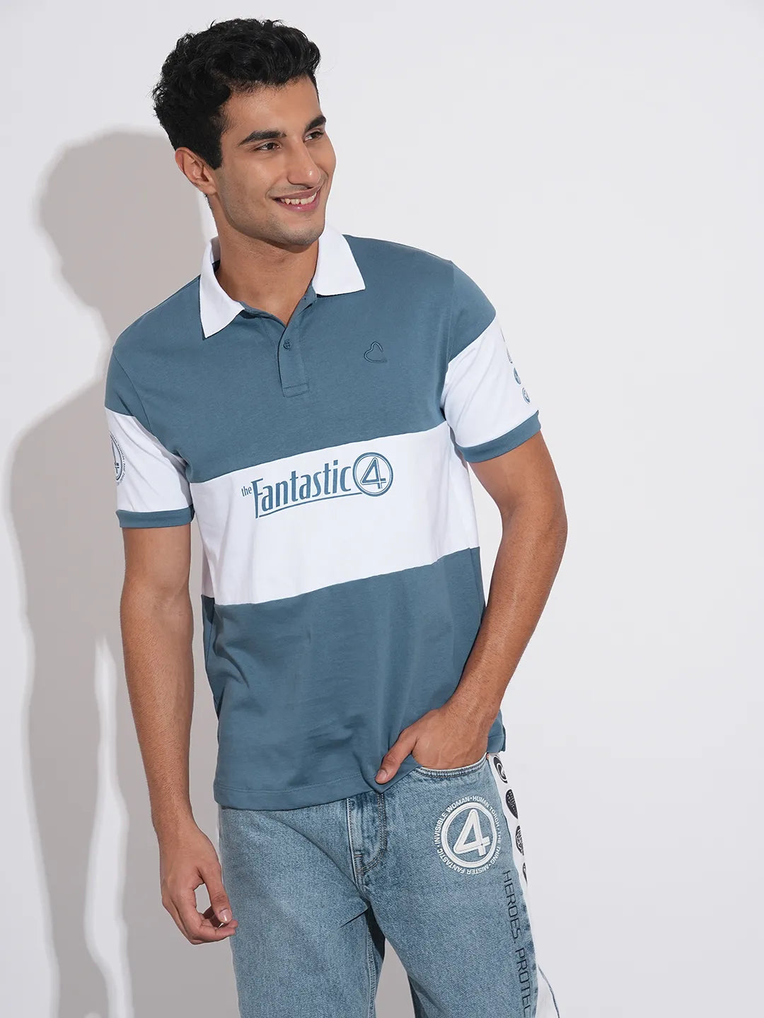 Fantastic Four Colorblocked White and Blue Polo T-Shirt By Being Human