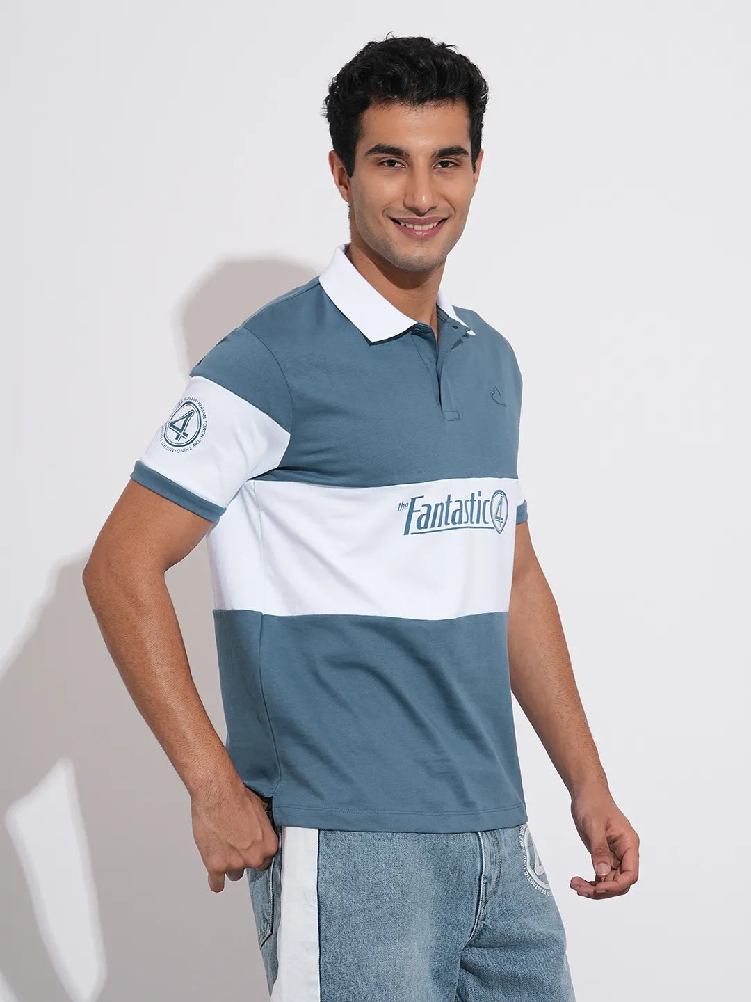 Fantastic Four Colorblocked White and Blue Polo T-Shirt By Being Human