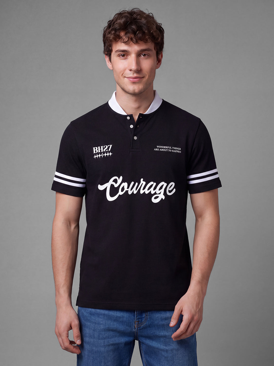 Black Easy Fit Typography  Short Sleeves Polo Collar Men's T-shirt by Being Human Clothing