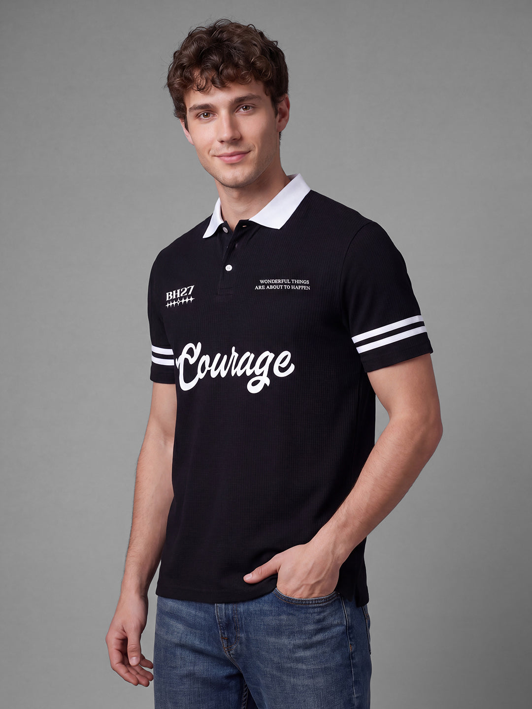 Black Easy Fit Typography  Short Sleeves Polo Collar Men's T-shirt by Being Human Clothing