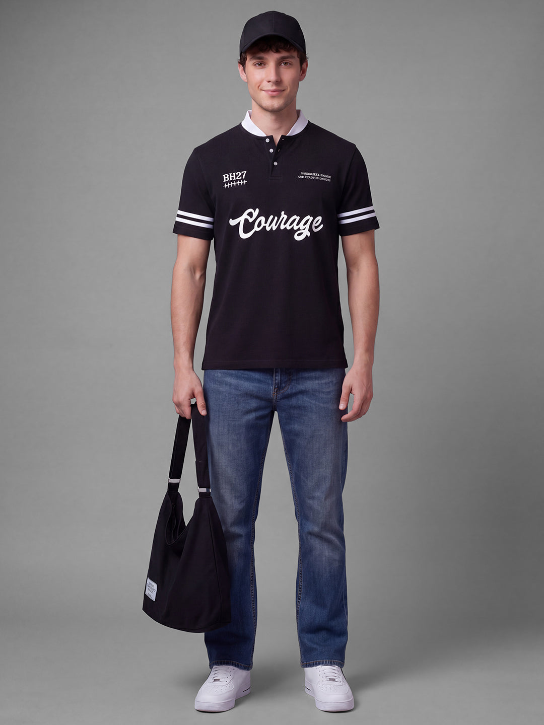 Black Easy Fit Typography  Short Sleeves Polo Collar Men's T-shirt by Being Human Clothing