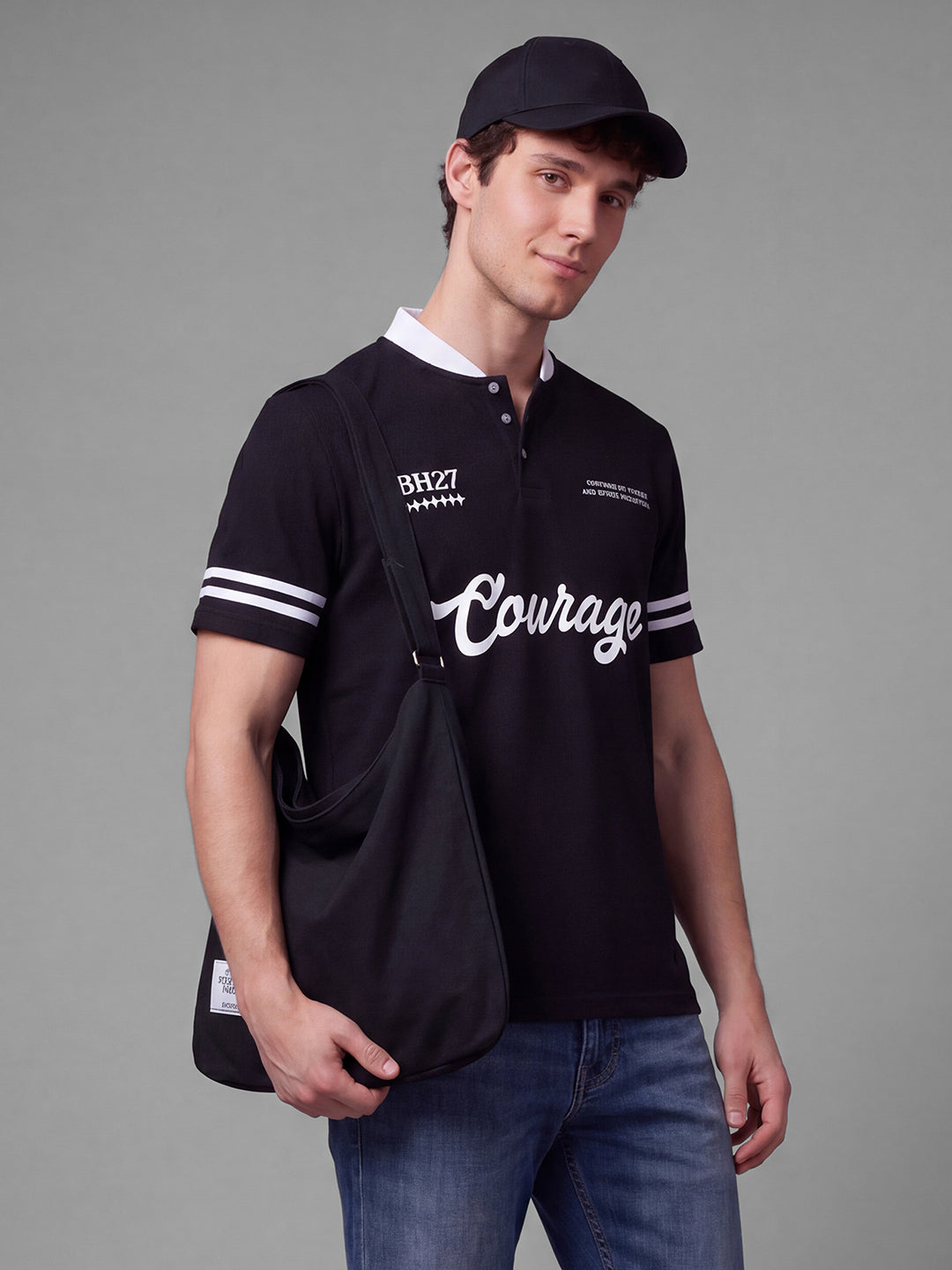 Black Easy Fit Typography  Short Sleeves Polo Collar Men's T-shirt by Being Human Clothing