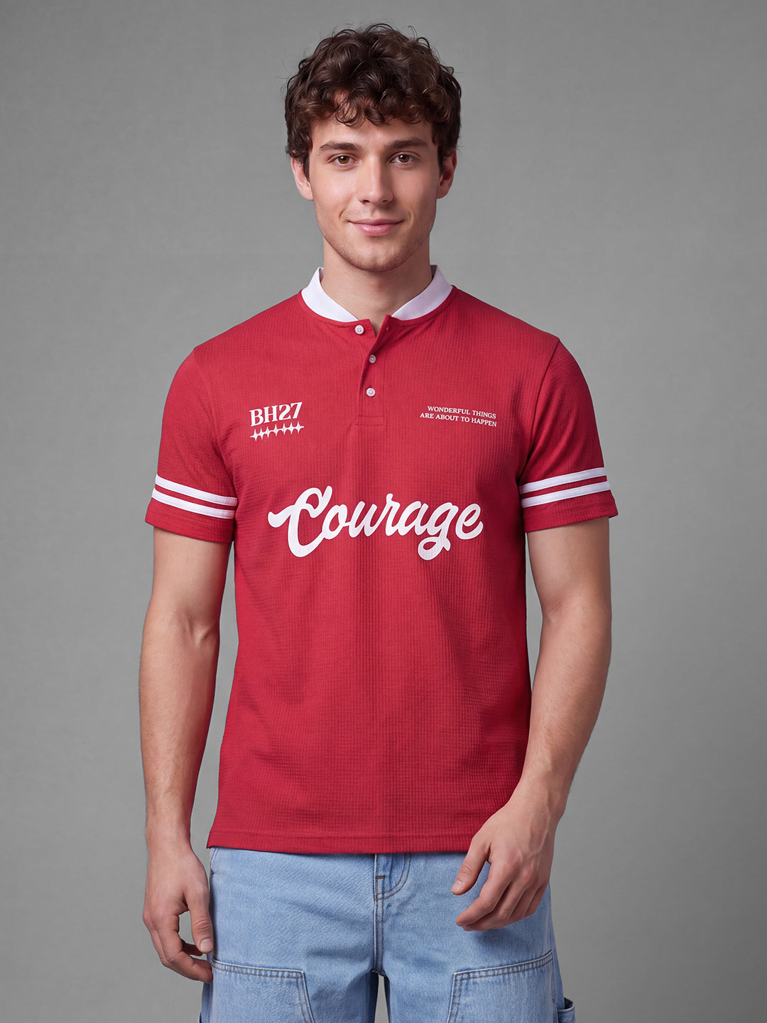 Red Easy Fit Typography  Short Sleeves Polo Collar Men's T-shirt by Being Human Clothing