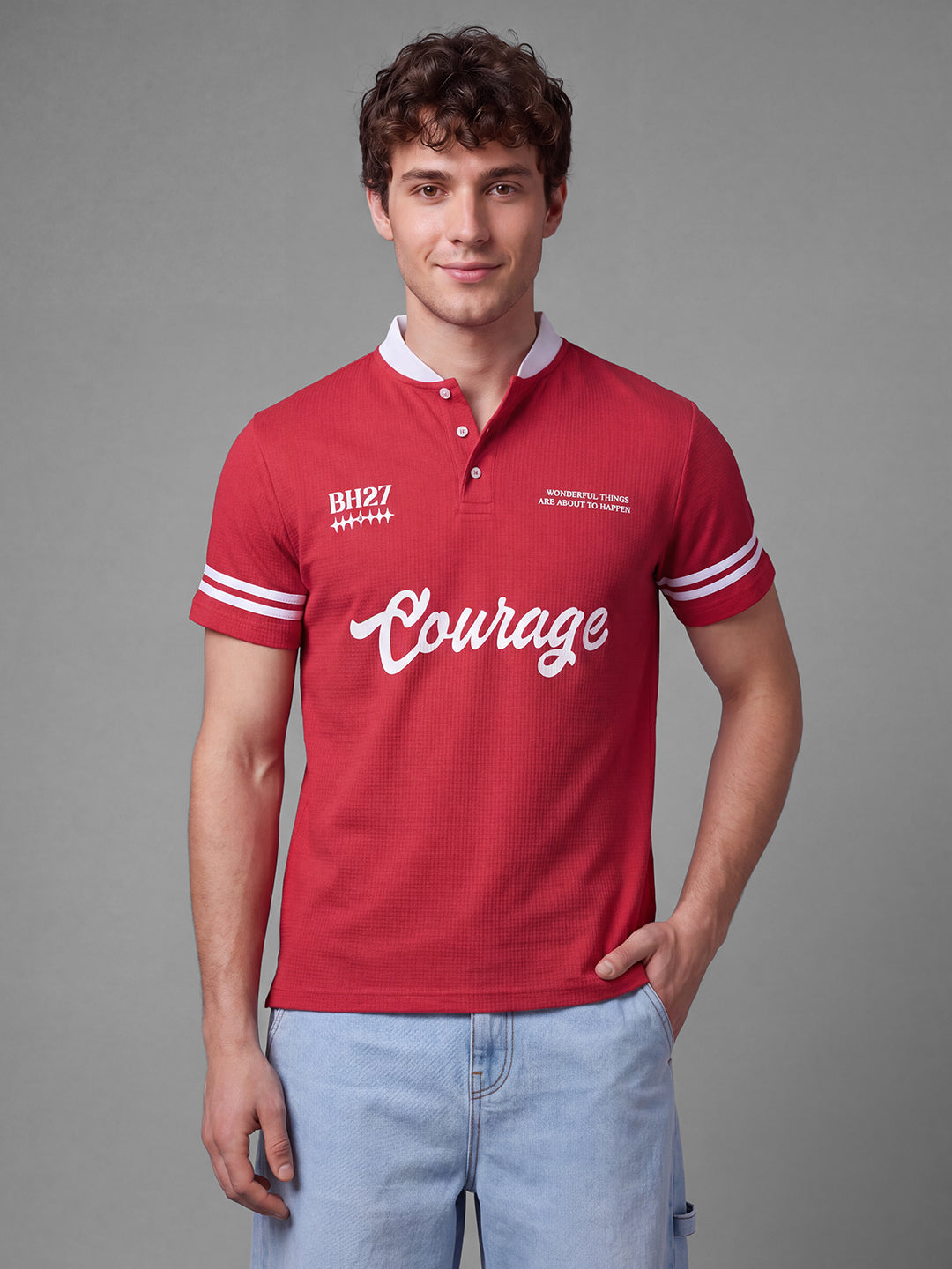 Red Easy Fit Typography  Short Sleeves Polo Collar Men's T-shirt by Being Human Clothing