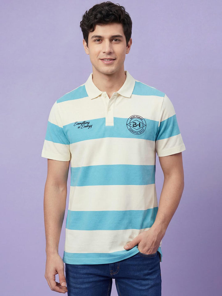 Beige & Aqua Easy Fit Striped Polo Neck Men's T-shirt