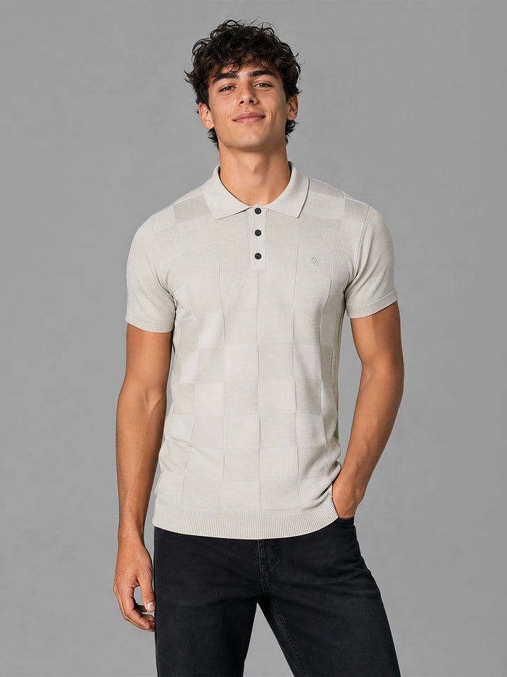 Beige Moderno Fit Textured Pure Cotton Short Sleeves Polo Collar Men's T-shirt by Being Human Clothing