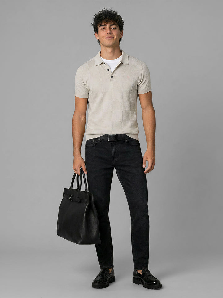 Beige Moderno Fit Textured Pure Cotton Short Sleeves Polo Collar Men's T-shirt by Being Human Clothing