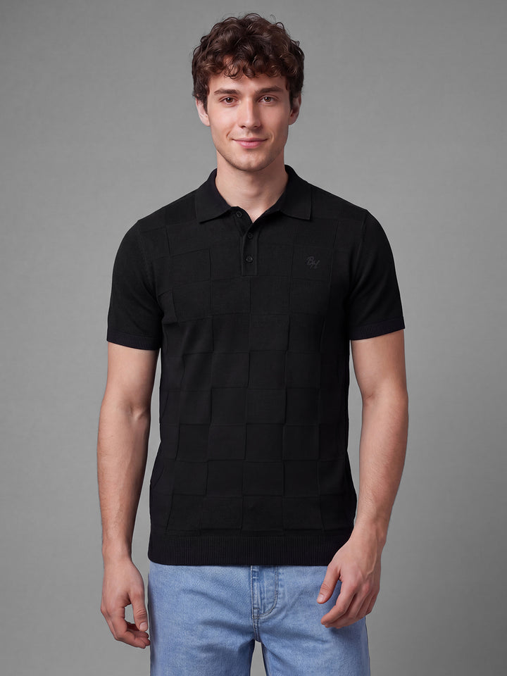 Black Moderno Fit Textured Pure Cotton Short Sleeves Polo Collar Men's T-shirt by Being Human Clothing