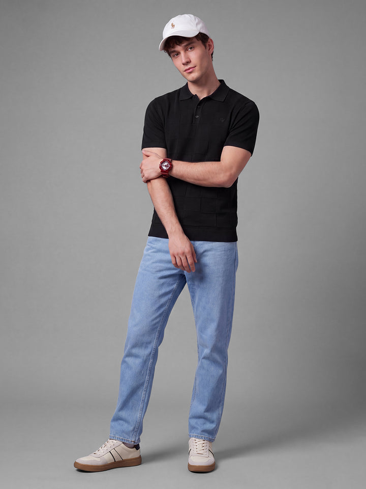 Black Moderno Fit Textured Pure Cotton Short Sleeves Polo Collar Men's T-shirt by Being Human Clothing