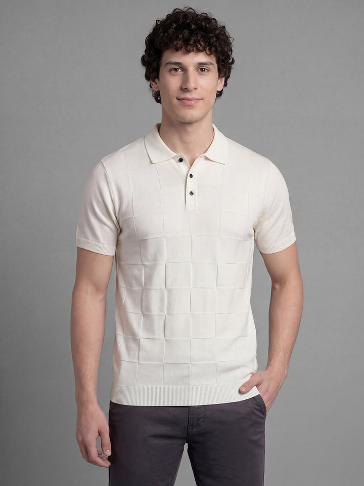 White Checks Textured Half Sleeve Polo Neck Men's T-Shirt