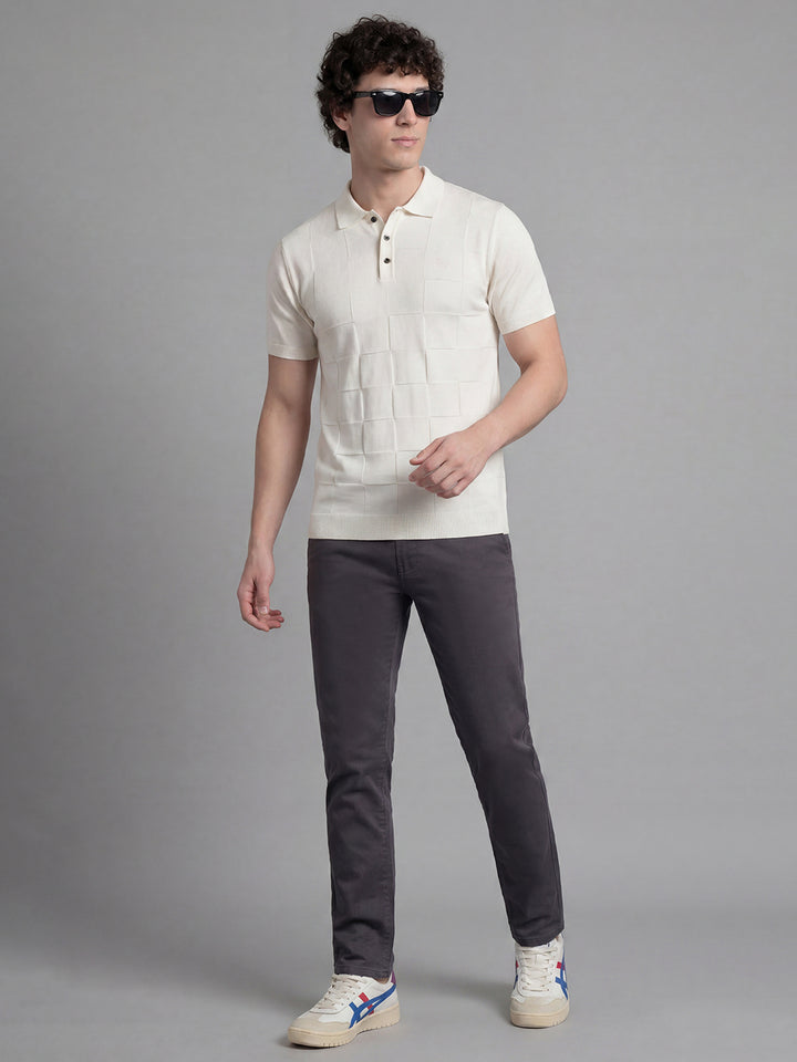 White Checks Textured Half Sleeve Polo Neck Men's T-shirt