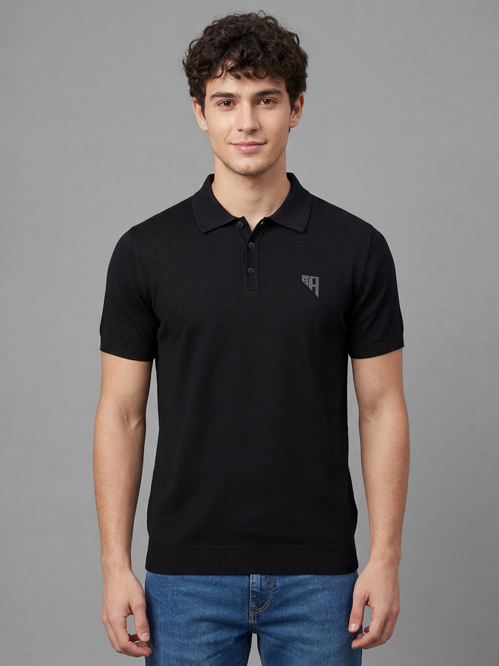 Black Solid Half Sleeve Polo Neck Men's T-Shirt