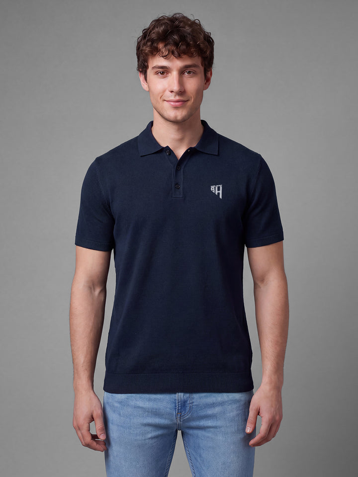Navy Moderno Fit Embroidered Pure Cotton Short Sleeves Polo Collar Men's T-shirt by Being Human Clothing
