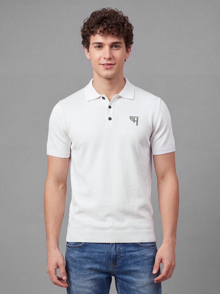 White Solid Half Sleeve Polo Neck Men's T-Shirt