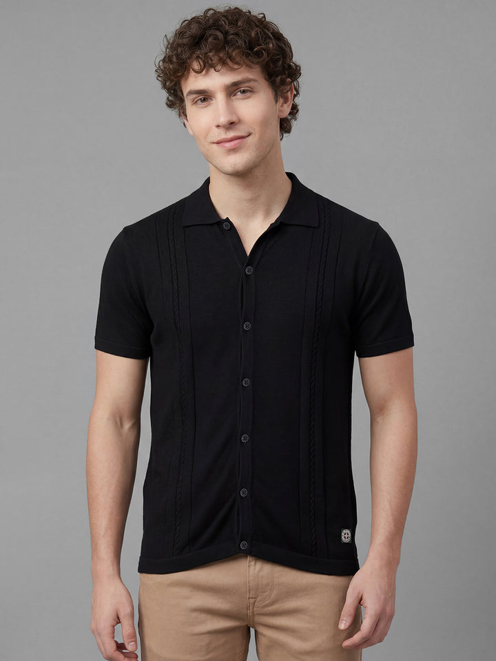 Black Textured Half Sleeve Polo Neck Men's T-Shirt