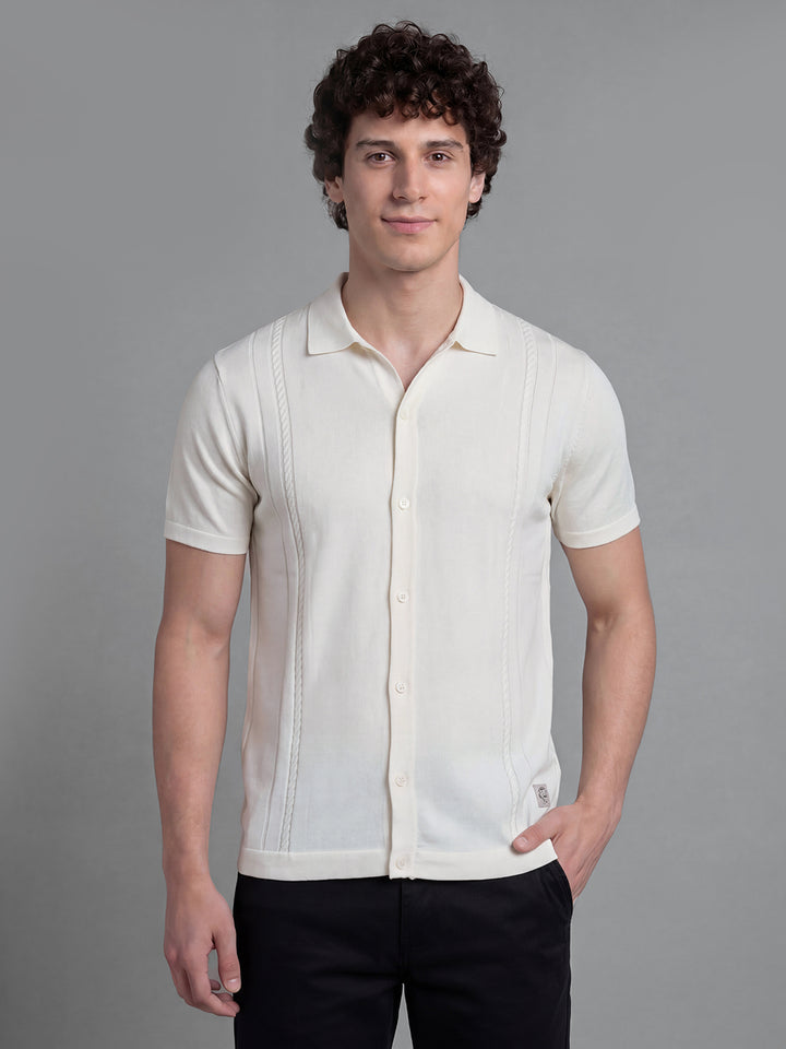 White Textured Half Sleeve Polo Neck Men's T-Shirt