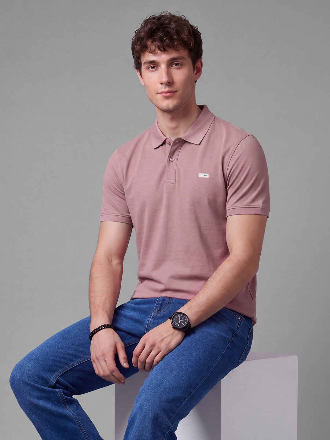 Pink Moderno Fit Solid  Short Sleeves Polo Collar Men's T-shirt by Being Human Clothing
