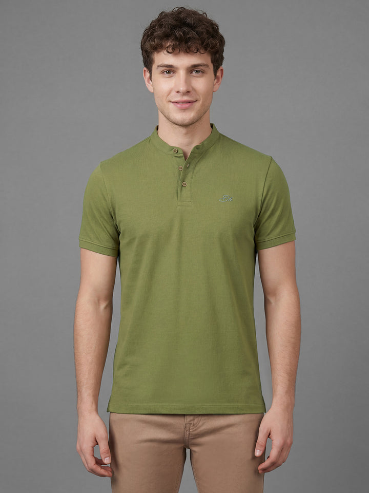 Olive Solid Half Sleeve Mandarian Neck Men's Polo T-Shirt