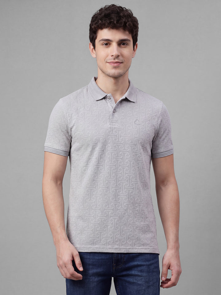 Grey Moderno Fit Geometric Print  Short Sleeves Polo Collar Men's T-shirt by Being Human Clothing