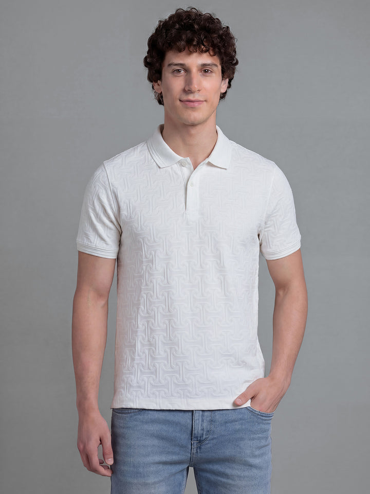 White Textured Half Sleeve Polo Neck Men's T-Shirt