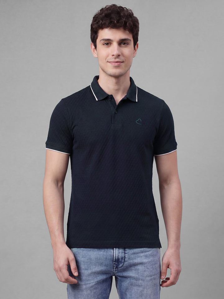 Navy Moderno Fit Textured  Short Sleeves Polo Collar Men's T-shirt by Being Human Clothing