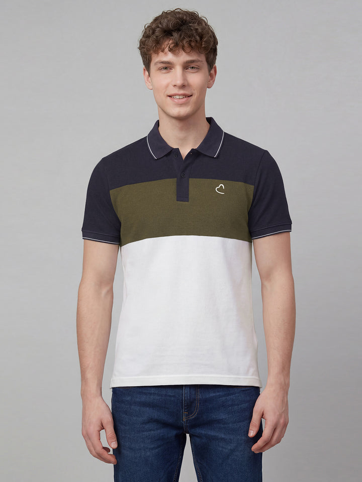 Navy & Olive Colorblocked Pure Cotton Half Sleeve Polo Neck Men's T-shirt