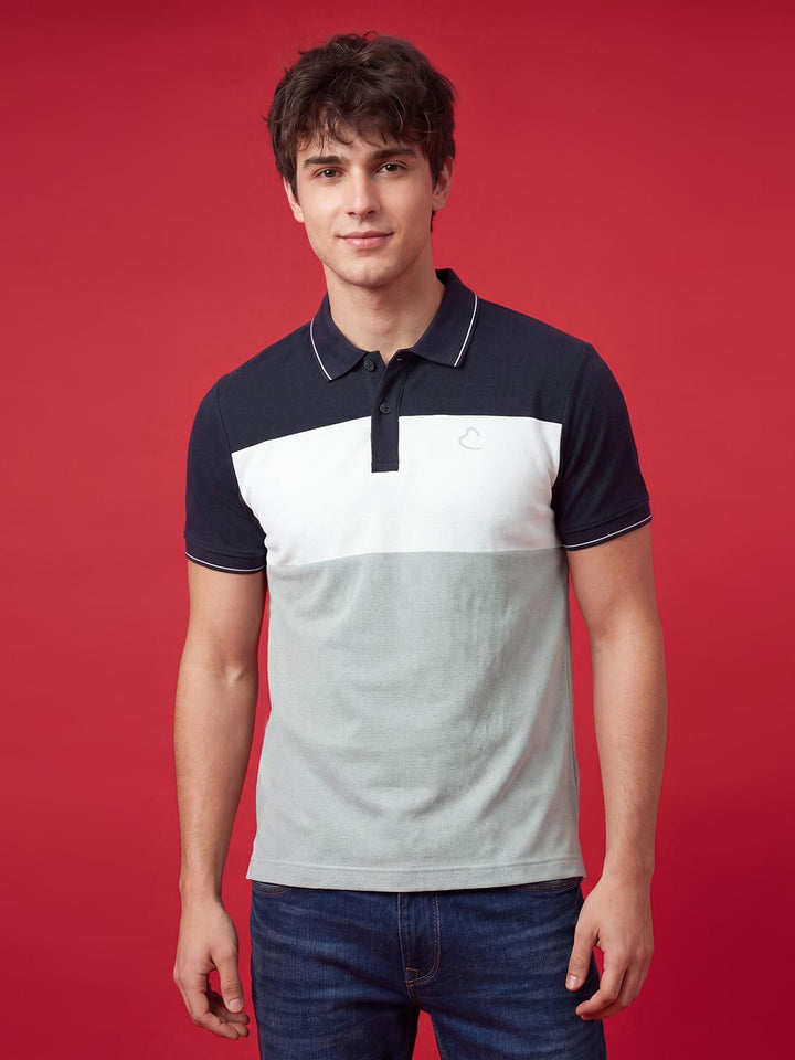 Blue Colorblocked Moderno Fit Polo Neck Men's T-shirt