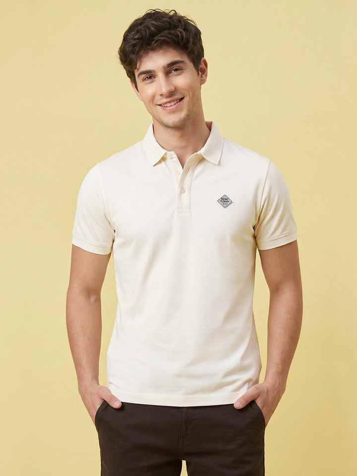 Beige Moderno Fit Half Sleeve Polo Neck Men's T-shirt