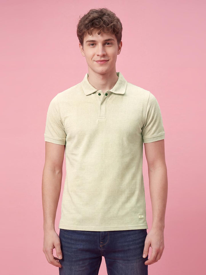 Beige Textured Fit Half Sleeve Polo Neck Men's T-shirt