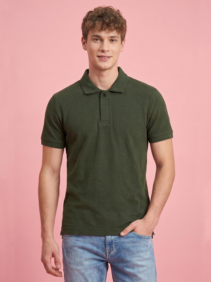 Green Textured Half Sleeve Polo Neck Men's T-shirt