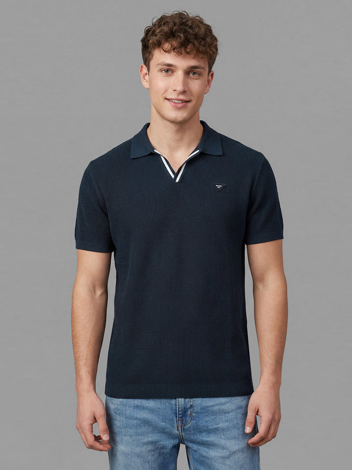 Navy Textured Half Sleeve Polo Neck Men's T-Shirt