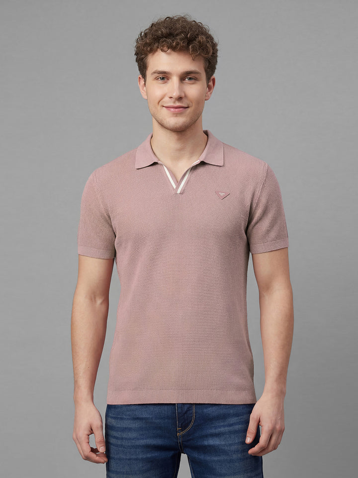 Pink Textured Half Sleeve Polo Neck Men's T-Shirt