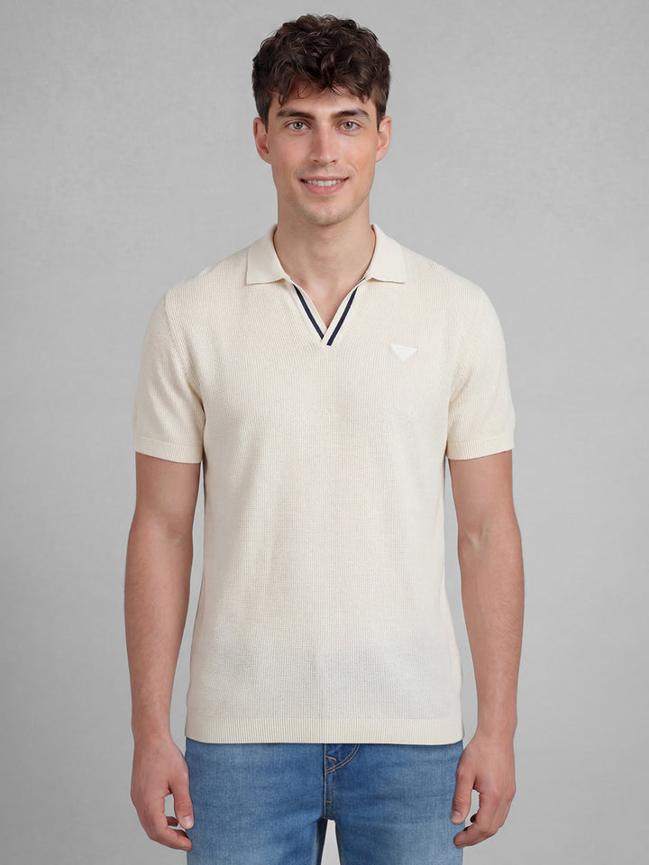 White Moderno Fit Textured Short Sleeves Polo Collar Men's T-shirt by Being Human Clothing