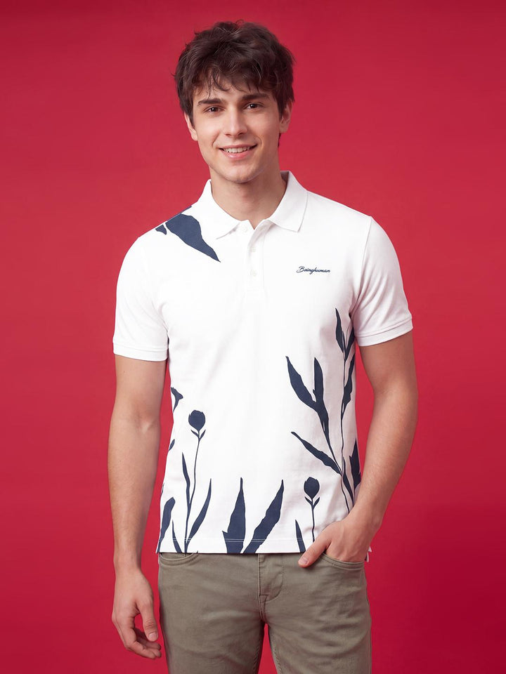 Contrast Floral Printed White Polo Neck Men's T-shirt