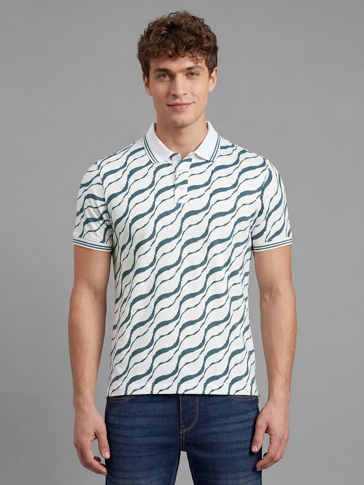 White Abstract Print Half Sleeve Polo Neck Men's T-Shirt