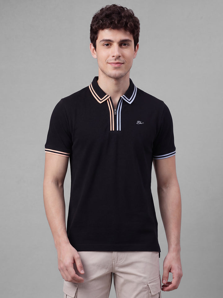 Black Moderno Fit Solid Pure Cotton Short Sleeves Polo Collar Men's T-shirt by Being Human Clothing