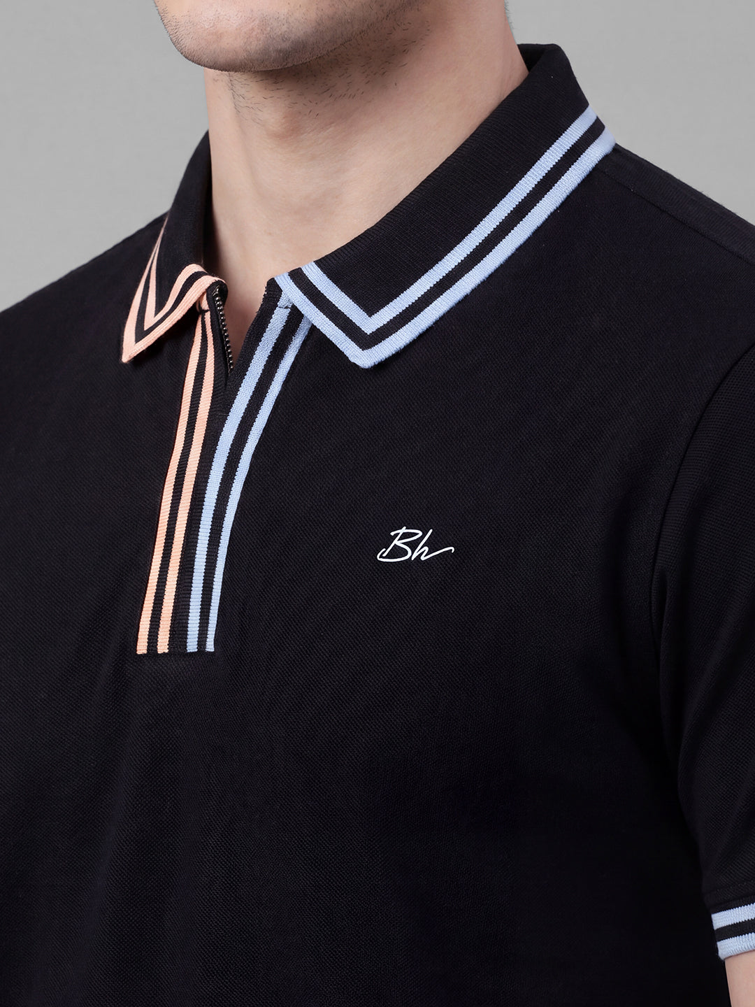 Black Moderno Fit Solid Pure Cotton Short Sleeves Polo Collar Men's T-shirt by Being Human Clothing