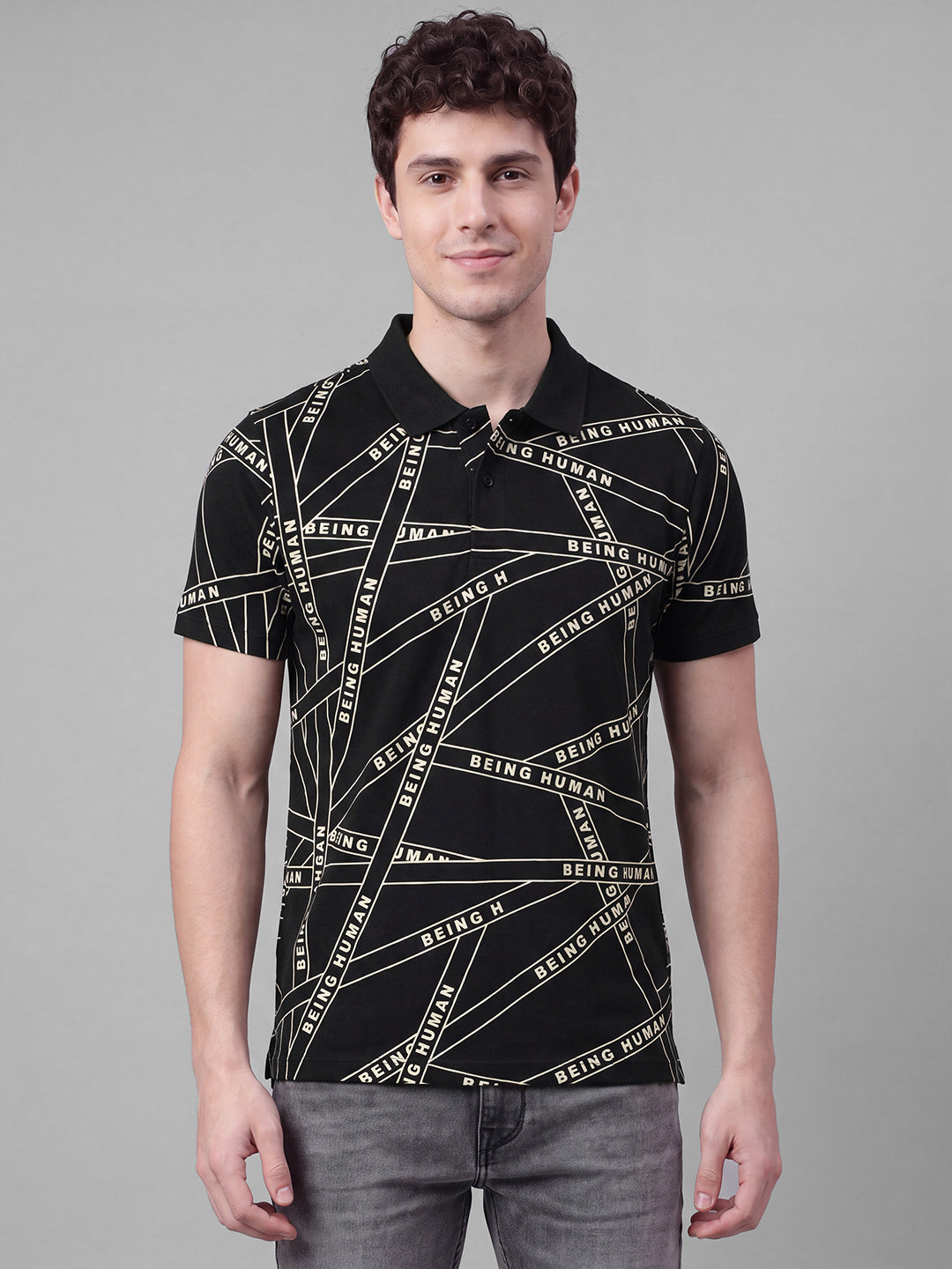 Black Moderno Fit Typography Pure Cotton Short Sleeves Polo Collar Men's T-shirt by Being Human Clothing
