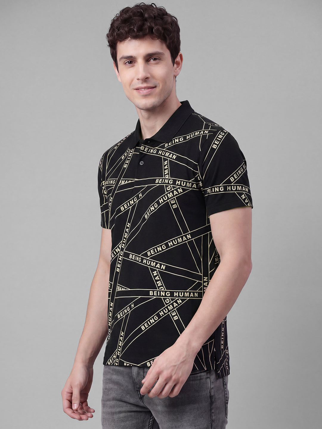 Black Moderno Fit Typography Pure Cotton Short Sleeves Polo Collar Men's T-shirt by Being Human Clothing