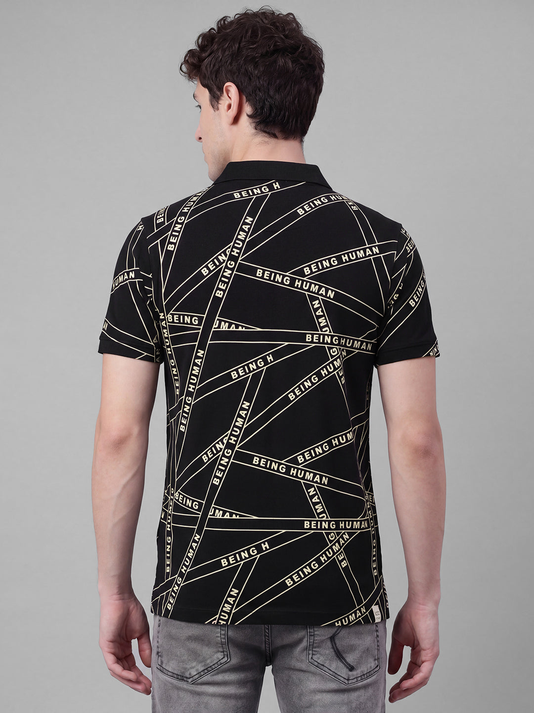 Black Moderno Fit Typography Pure Cotton Short Sleeves Polo Collar Men's T-shirt by Being Human Clothing