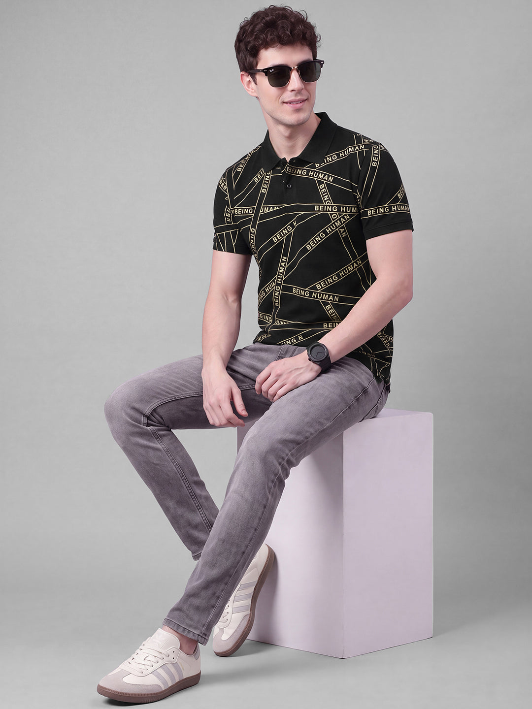 Black Moderno Fit Typography Pure Cotton Short Sleeves Polo Collar Men's T-shirt by Being Human Clothing