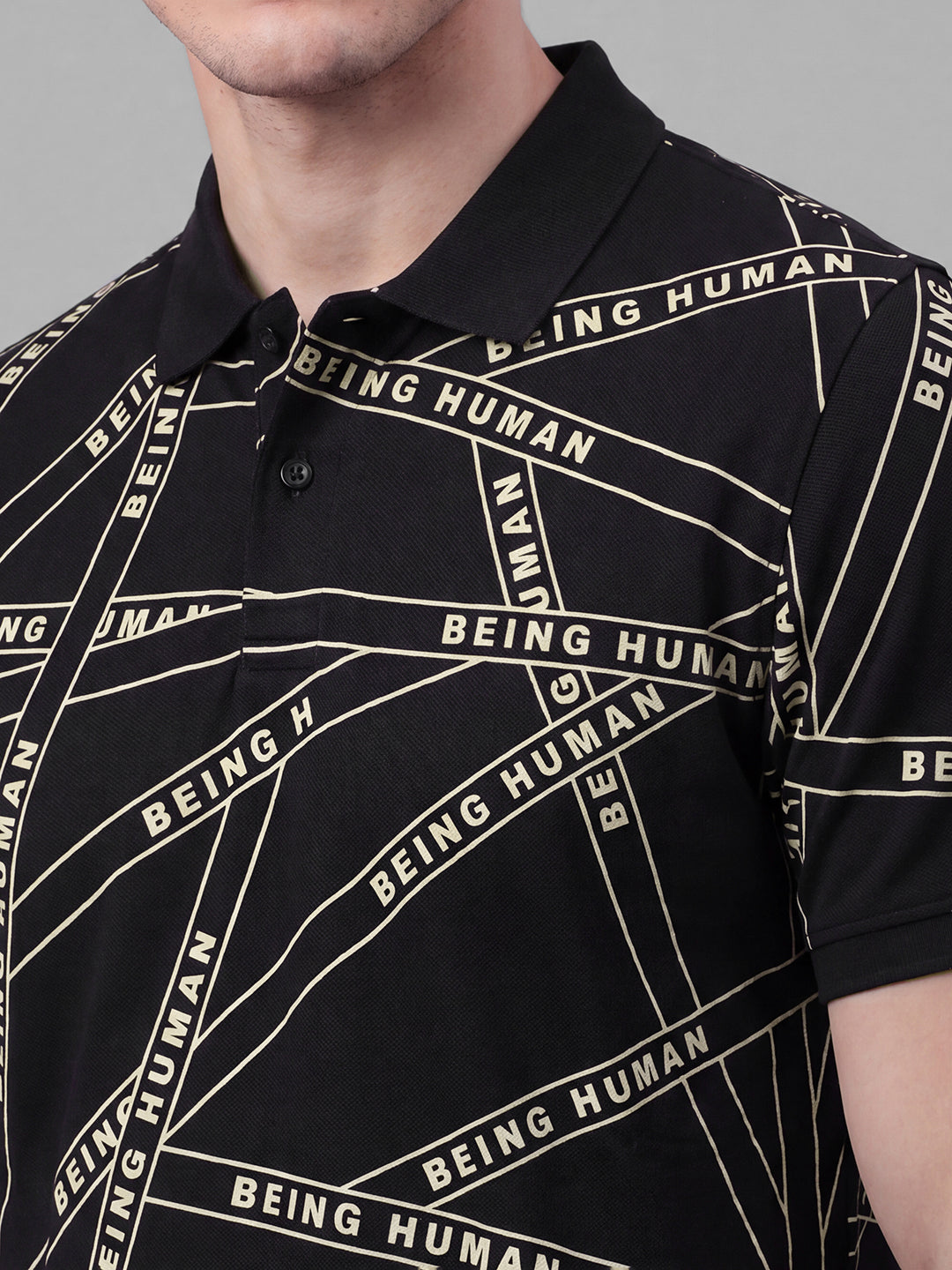 Black Moderno Fit Typography Pure Cotton Short Sleeves Polo Collar Men's T-shirt by Being Human Clothing