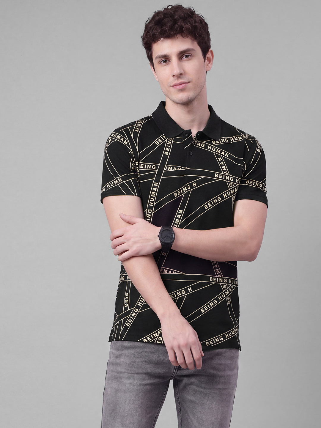 Black Moderno Fit Typography Pure Cotton Short Sleeves Polo Collar Men's T-shirt by Being Human Clothing