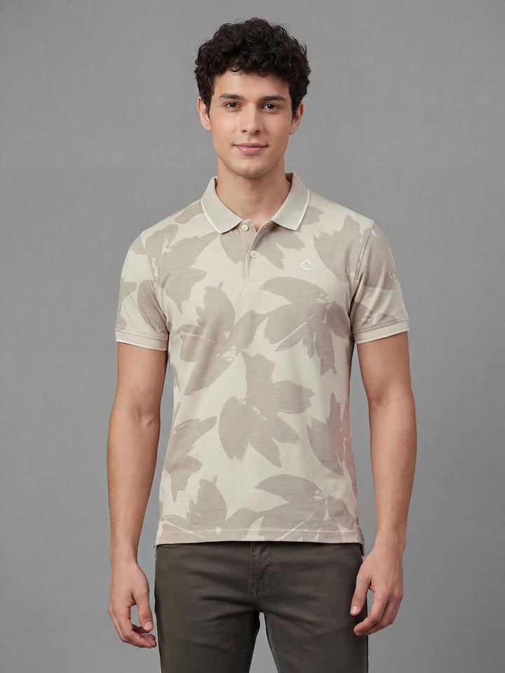 Beige Floral Print Half Sleeve Polo Neck Men's T-Shirt by Being Human Clothing