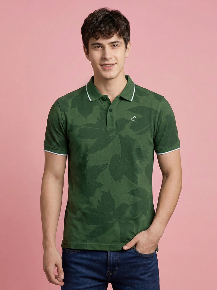 Green Leaf Printed Men's Polo T-Shirt  By Being Human Clothing