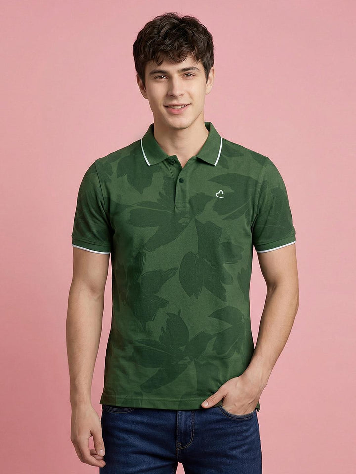 Green Regular Fit Polo Neck Printed Men's Short Sleeves Tshirt