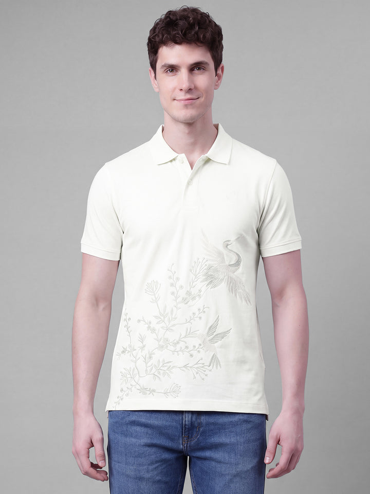 Beige Moderno Fit Embroidered Pure Cotton Short Sleeves Polo Collar Men's T-shirt by Being Human Clothing
