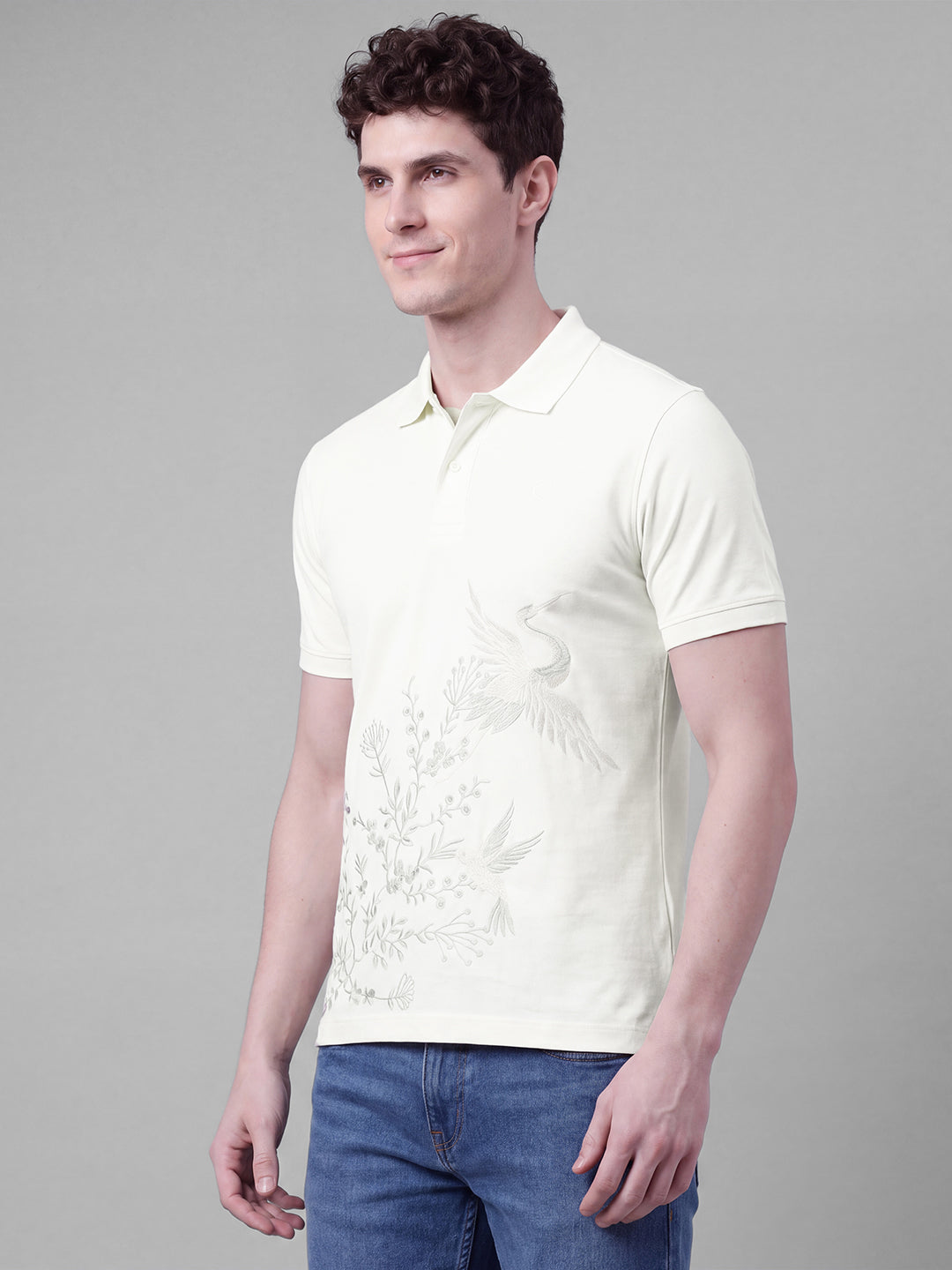 Beige Moderno Fit Embroidered Pure Cotton Short Sleeves Polo Collar Men's T-shirt by Being Human Clothing